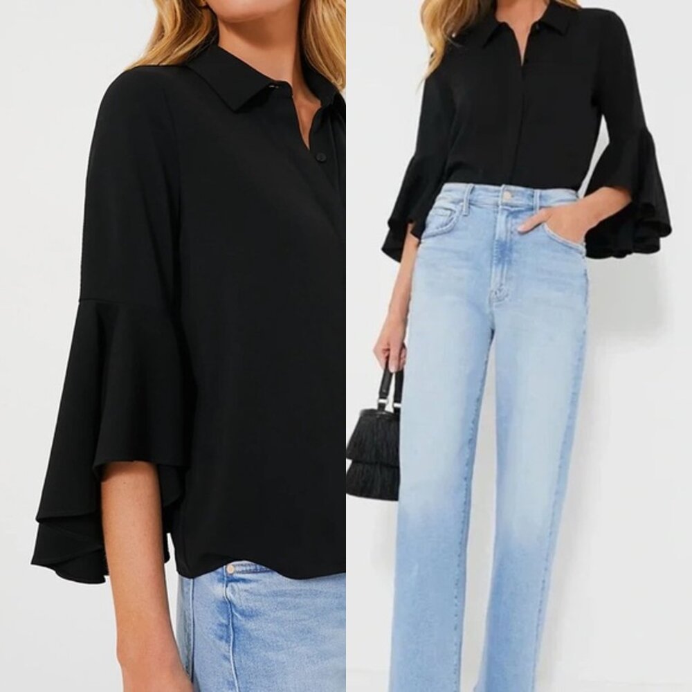 Tuckernuck NEW Black Norah Bell Sleeve Collared Button Down Blouse Top Size L - Picture 3 of 9